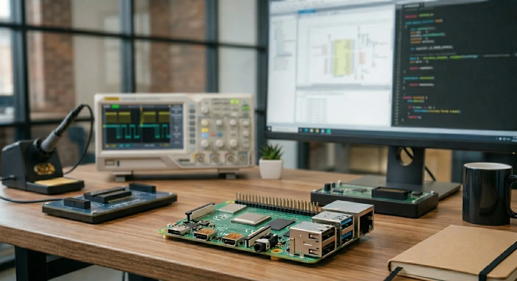 Embedded software development workspace with oscilloscope and Raspberry Pi dev board — drivenBit